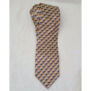 Bruno Piattelli Mens Silk Neck Tie Gold Blue Yellow Geometric Pattern Oval 100%